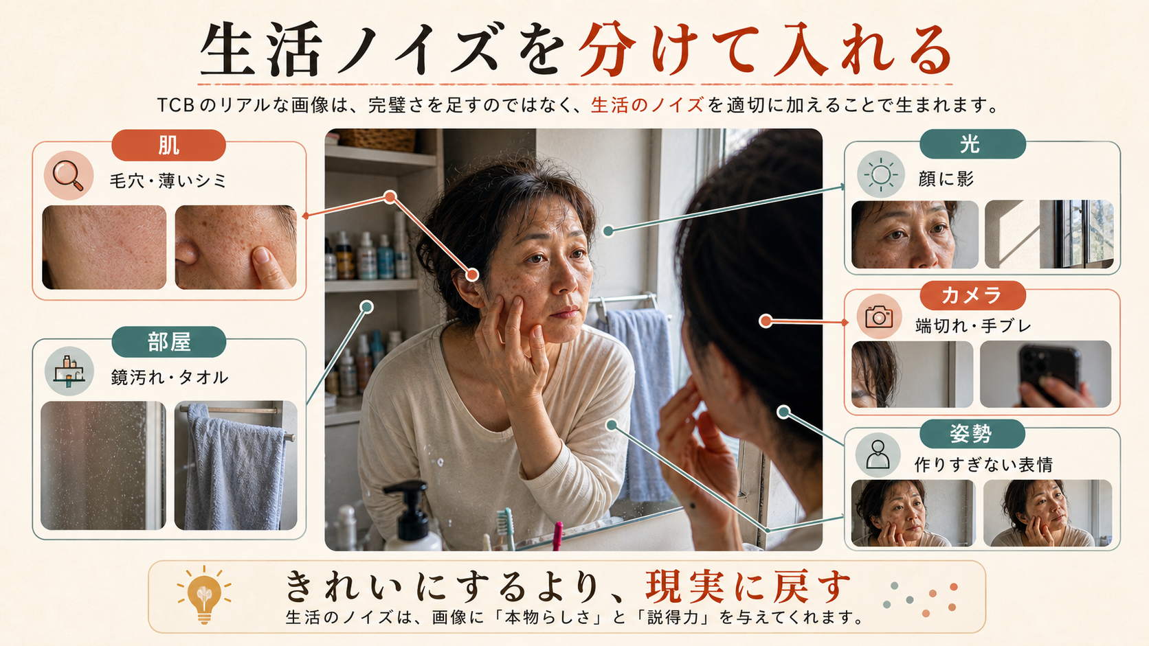 生活ノイズを肌、部屋、光、カメラ、姿勢に分ける説明画像